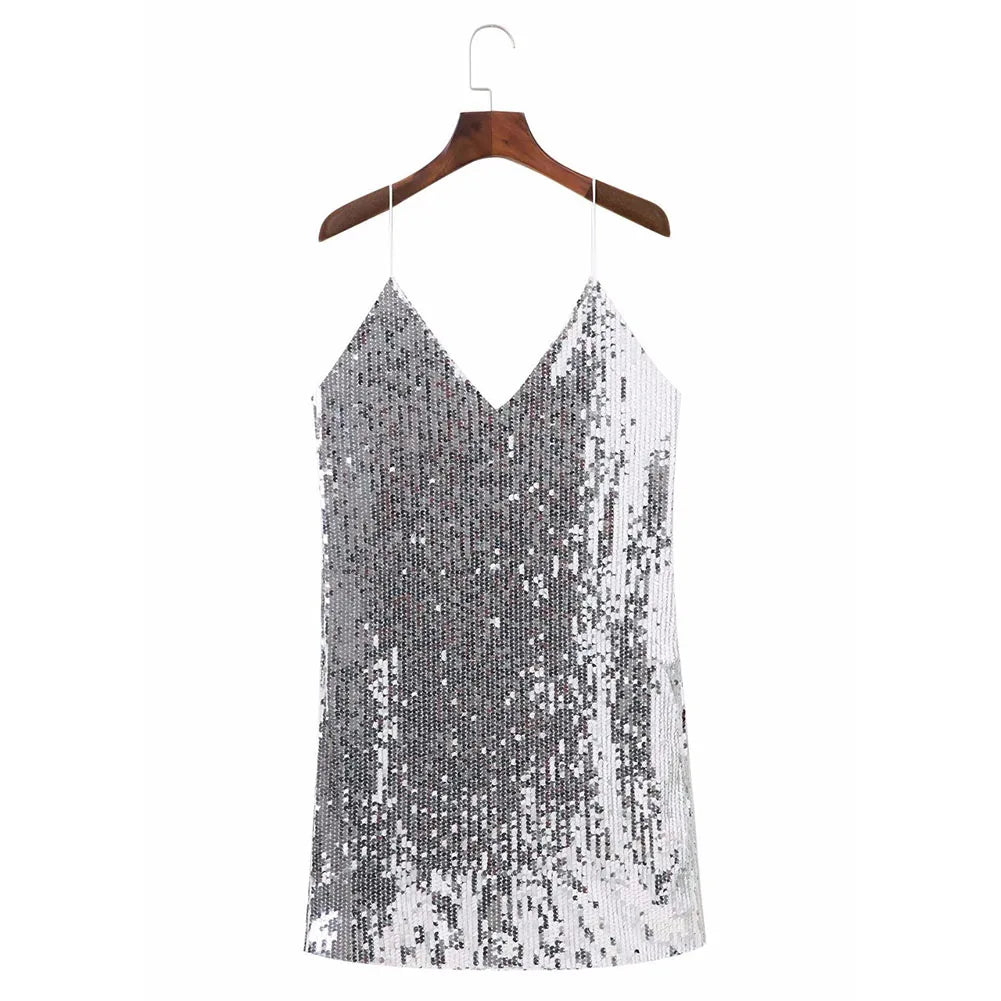 Women Summer Mini Bodycon Skirt Sequins Deep V-Neck Spaghetti Strap Sleeveless Backless Sling Dress Sexy Evening Party Dresses Women Summer Mini Bodycon Skirt Sequins Deep V-Neck Spaghetti Strap Sleeveless Backless Sling Dress Sexy Evening Party Dresses